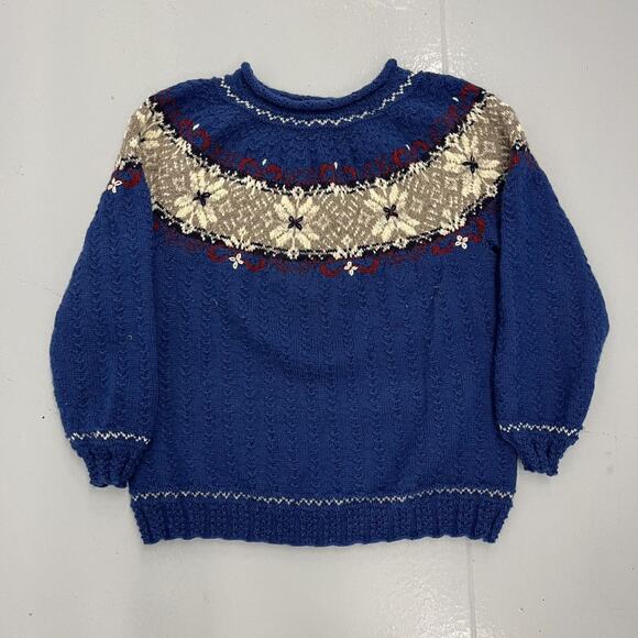 Vintage 80s Blue Pattern Winter Wool Handknit Sweater - Picture 1 of 4